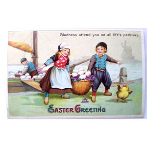 Easter Greetings Postcard Dutch Children Egg Basket Dockside Boat Windmill 2262